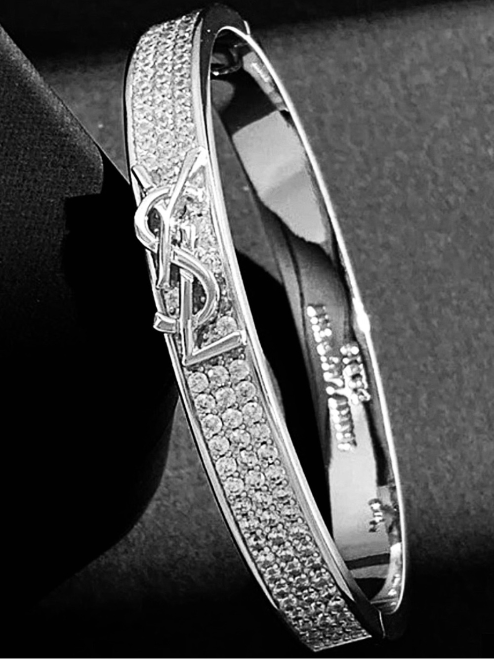 Saint Laurent Silver Crystal Pavé Logo Hinged Bangle Bracelet